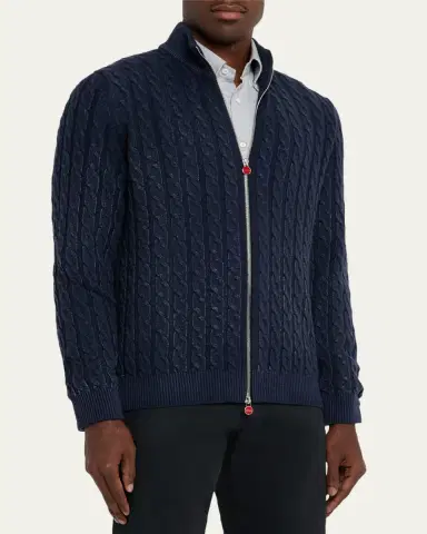 Kiton Men's Washed Cashmere Cable Knit Full-Zip Sweater | Thumbnail 8 Kiton Men's Washed Cashmere Cable Knit Full-Zip Sweater | Thumbnail 8