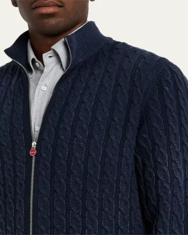 Kiton Men's Washed Cashmere Cable Knit Full-Zip Sweater | Thumbnail 9 Kiton Men's Washed Cashmere Cable Knit Full-Zip Sweater | Thumbnail 9