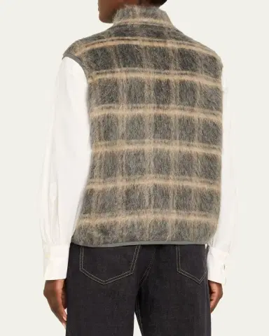 Brunello Cucinelli Fuzzy Check Wool-Mohair Zip Vest | Thumbnail 3