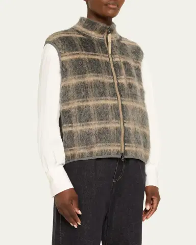 Brunello Cucinelli Fuzzy Check Wool-Mohair Zip Vest | Thumbnail 4