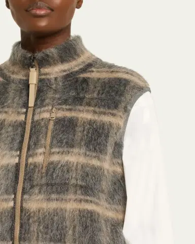 Brunello Cucinelli Fuzzy Check Wool-Mohair Zip Vest | Thumbnail 5