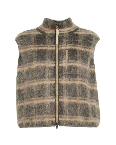 Brunello Cucinelli Fuzzy Check Wool-Mohair Zip Vest | Thumbnail 1