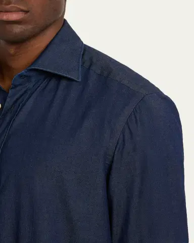 Kiton Men's Denim Wash Classic-Fit Button-Down Shirt | Thumbnail 10 Kiton Men's Denim Wash Classic-Fit Button-Down Shirt | Thumbnail 10