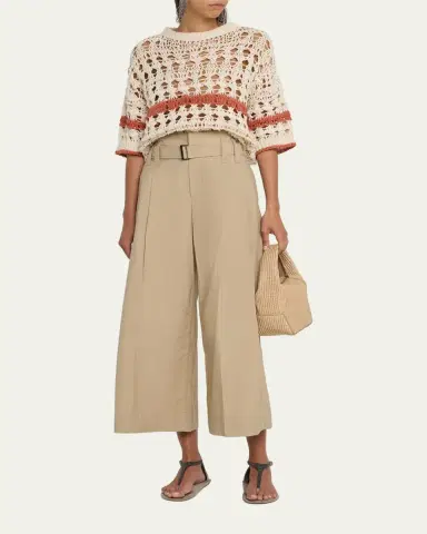 Brunello Cucinelli Stripe Cotton-Jute Open Knit Short-Sleeve Sweater | Thumbnail 2 Brunello Cucinelli Stripe Cotton-Jute Open Knit Short-Sleeve Sweater | Thumbnail 2