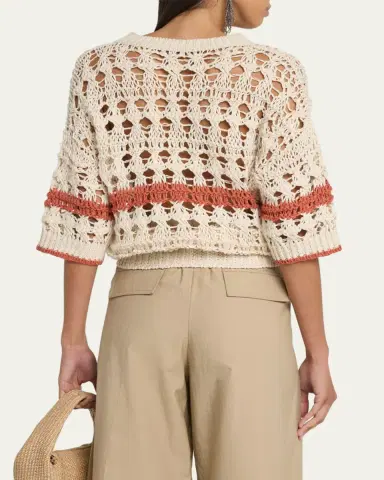 Brunello Cucinelli Stripe Cotton-Jute Open Knit Short-Sleeve Sweater | Thumbnail 3 Brunello Cucinelli Stripe Cotton-Jute Open Knit Short-Sleeve Sweater | Thumbnail 3