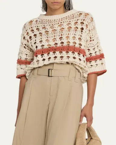 Brunello Cucinelli Stripe Cotton-Jute Open Knit Short-Sleeve Sweater | Thumbnail 4 Brunello Cucinelli Stripe Cotton-Jute Open Knit Short-Sleeve Sweater | Thumbnail 4