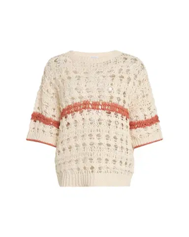 Brunello Cucinelli Stripe Cotton-Jute Open Knit Short-Sleeve Sweater | Thumbnail 1 Brunello Cucinelli Stripe Cotton-Jute Open Knit Short-Sleeve Sweater | Thumbnail 1