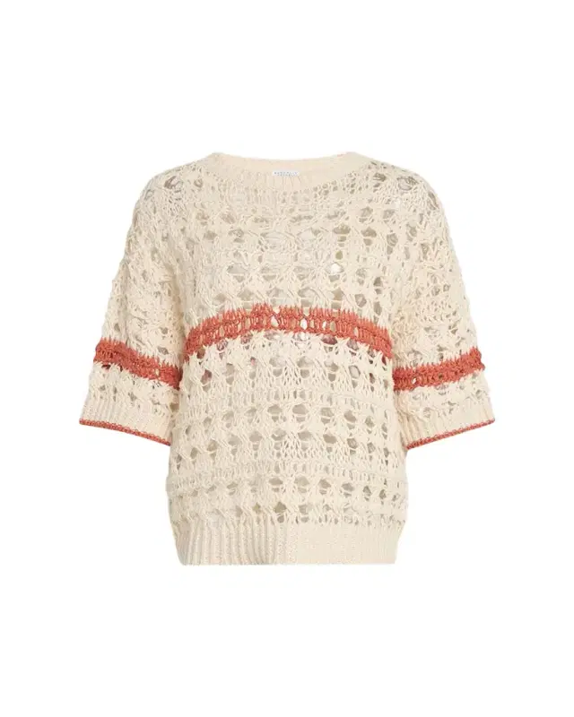 Stripe Cotton-Jute Open Knit Short-Sleeve Sweater