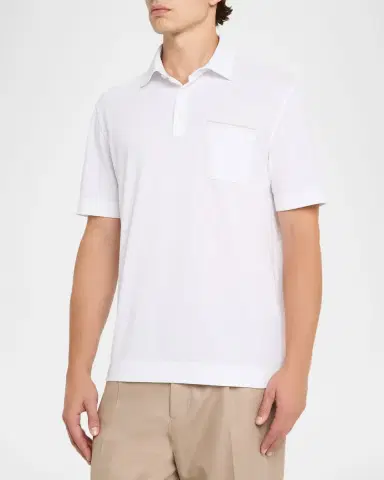 Zegna Men's Cotton Polo Shirt with Leather-Trim Pocket | Thumbnail 3