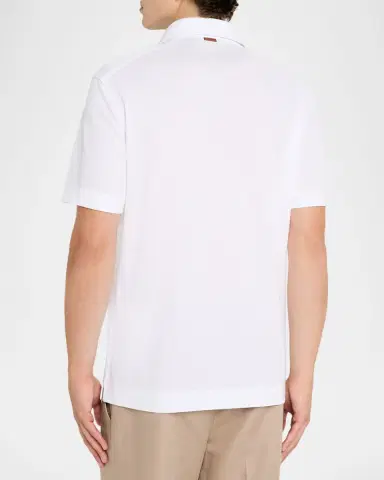 Zegna Men's Cotton Polo Shirt with Leather-Trim Pocket | Thumbnail 4