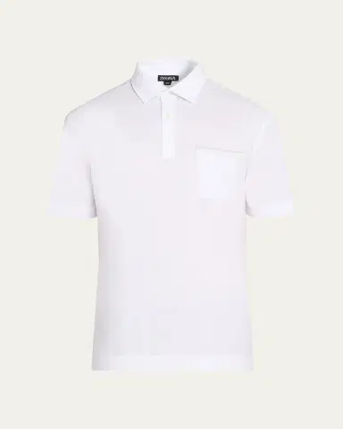 Zegna Men's Cotton Polo Shirt with Leather-Trim Pocket | Thumbnail 5