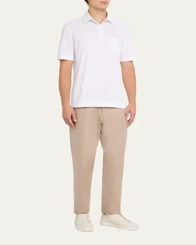 Zegna Men's Cotton Polo Shirt with Leather-Trim Pocket | Thumbnail 6