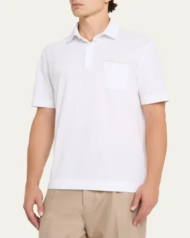 Zegna Men's Cotton Polo Shirt with Leather-Trim Pocket | Thumbnail 8