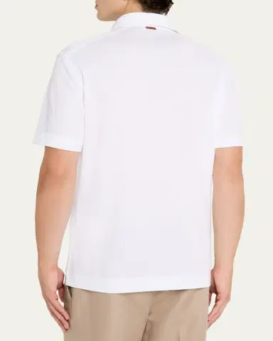 Zegna Men's Cotton Polo Shirt with Leather-Trim Pocket | Thumbnail 9