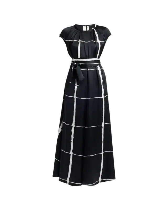Windowpane-Print Silk Cap-Sleeve Maxi Dress