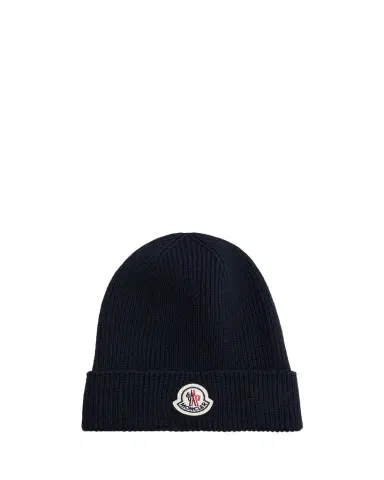 Moncler Men's Ribbed Wool Logo Beanie Hat | Thumbnail 1 Moncler Men's Ribbed Wool Logo Beanie Hat | Thumbnail 1