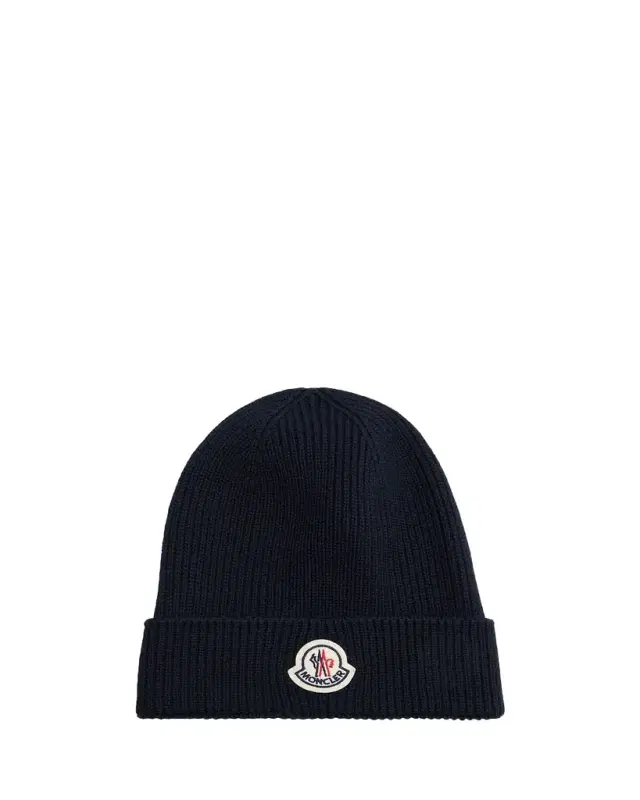 Moncler Men's Ribbed Wool Logo Beanie Hat