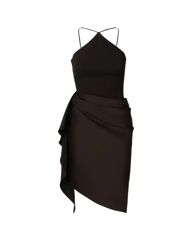 Draped High-Low Halter Midi Dress