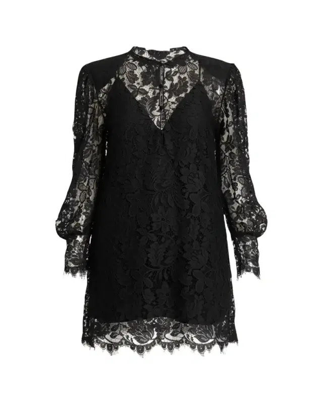 Chloe Floral Lace Strong-Shoulder Long-Sleeve Dress