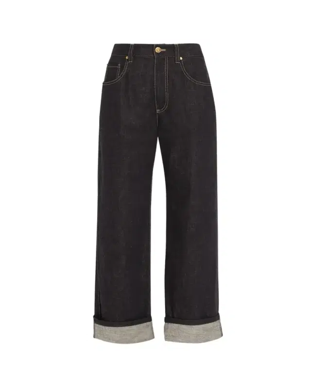Dark-Wash Wide-Leg Cuffed Jeans