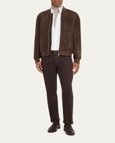 Brunello Cucinelli Men's Suede Full-Zip Bomber Jacket | Thumbnail 2