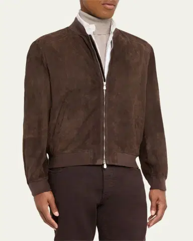 Brunello Cucinelli Men's Suede Full-Zip Bomber Jacket | Thumbnail 4