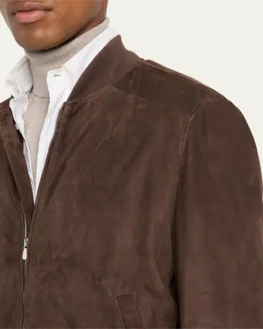 Brunello Cucinelli Men's Suede Full-Zip Bomber Jacket | Thumbnail 5