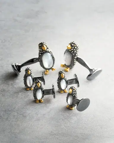 Jan Leslie Marcasite Penguin Cuff Links Studs Set | Thumbnail 2