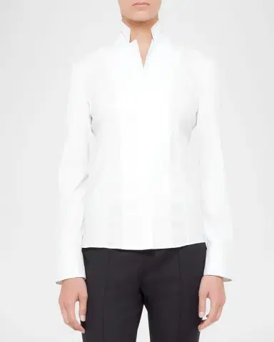 Akris Long-Sleeve Notched-Collar Poplin Blouse | Thumbnail 3