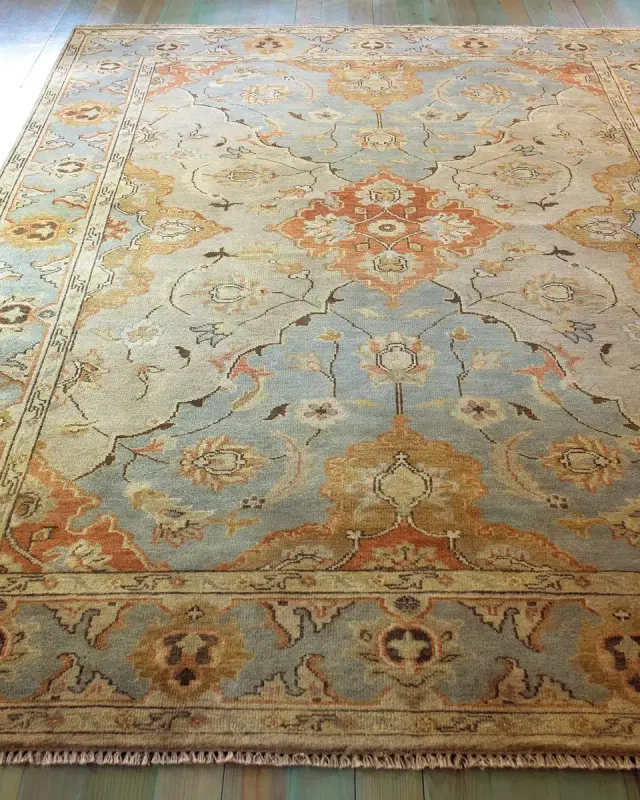 Damask on Blue Hand-Knotted Oushak Rug