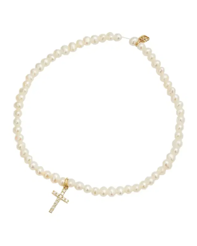14k Diamond Cross & Pearl Bracelet