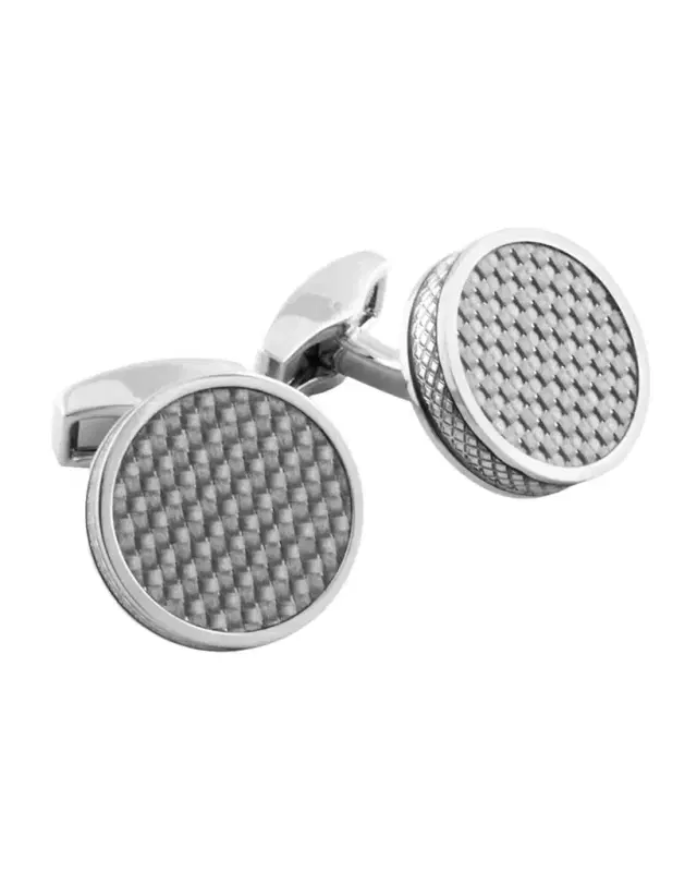 Rhodium-Plated Carbon Fiber Round Cuff Links