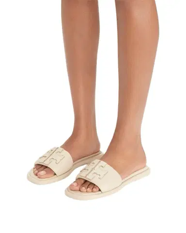 Tory Burch Double T Leather Medallion Slide Sandals | Thumbnail 1 Tory Burch Double T Leather Medallion Slide Sandals | Thumbnail 1