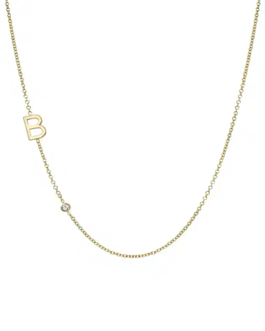 Zoe Lev Jewelry 14K Gold Asymmetrical Initial and Bezel Diamond Necklace, 16-18"L | Thumbnail 1