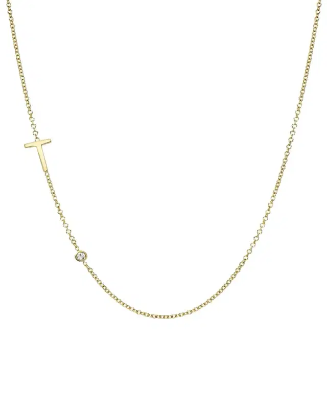 Zoe Lev Jewelry 14k Gold Asymmetrical Initial and Bezel Diamond Necklace