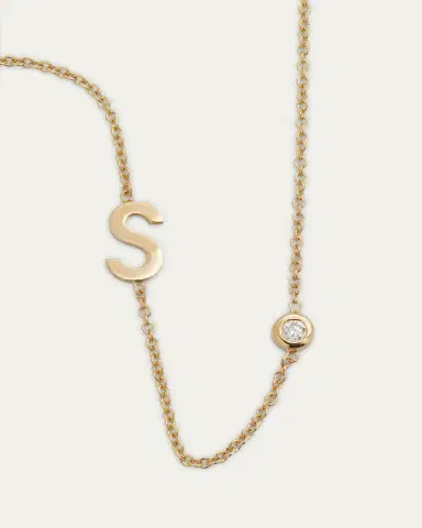Zoe Lev Jewelry 14k Gold Asymmetrical Initial and Bezel Diamond Necklace | Thumbnail 3 Zoe Lev Jewelry 14k Gold Asymmetrical Initial and Bezel Diamond Necklace | Thumbnail 3