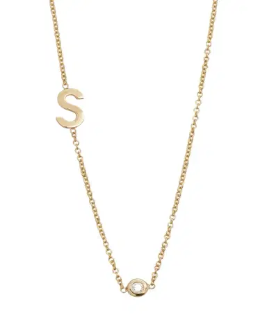 Zoe Lev Jewelry 14k Gold Asymmetrical Initial and Bezel Diamond Necklace | Thumbnail 1 Zoe Lev Jewelry 14k Gold Asymmetrical Initial and Bezel Diamond Necklace | Thumbnail 1