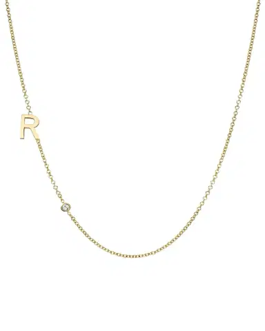 Zoe Lev Jewelry 14k Gold Asymmetrical Initial and Bezel Diamond Necklace | Thumbnail 1 Zoe Lev Jewelry 14k Gold Asymmetrical Initial and Bezel Diamond Necklace | Thumbnail 1