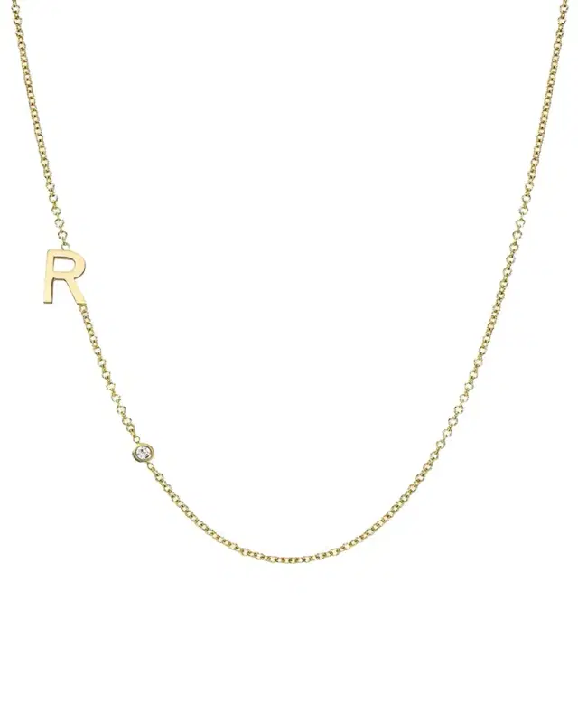 Zoe Lev Jewelry 14k Gold Asymmetrical Initial and Bezel Diamond Necklace