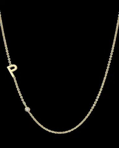Zoe Lev Jewelry 14k Gold Asymmetrical Initial and Bezel Diamond Necklace | Thumbnail 2 Zoe Lev Jewelry 14k Gold Asymmetrical Initial and Bezel Diamond Necklace | Thumbnail 2