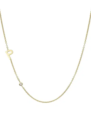 Zoe Lev Jewelry 14k Gold Asymmetrical Initial and Bezel Diamond Necklace | Thumbnail 1 Zoe Lev Jewelry 14k Gold Asymmetrical Initial and Bezel Diamond Necklace | Thumbnail 1