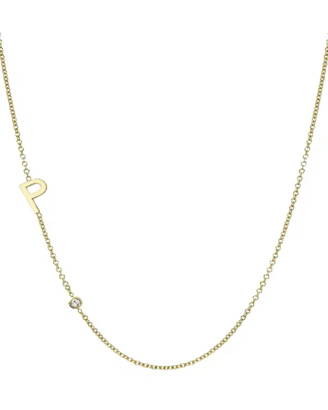 Zoe Lev Jewelry 14k Gold Asymmetrical Initial and Bezel Diamond Necklace