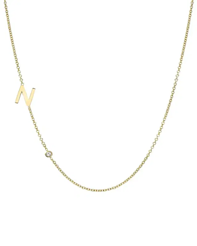 Zoe Lev Jewelry 14k Gold Asymmetrical Initial and Bezel Diamond Necklace