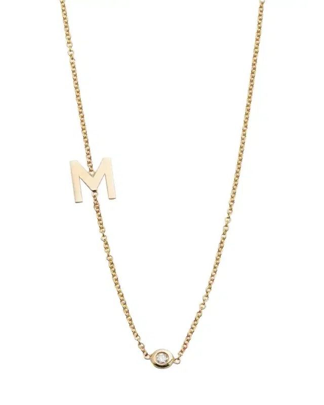 14k Gold Asymmetrical Initial and Bezel Diamond Necklace