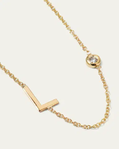 Zoe Lev Jewelry 14K Gold Asymmetrical Initial and Bezel Diamond Necklace, 16-18" | Thumbnail 3