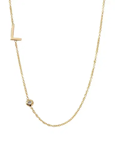 Zoe Lev Jewelry 14K Gold Asymmetrical Initial and Bezel Diamond Necklace, 16-18" | Thumbnail 1
