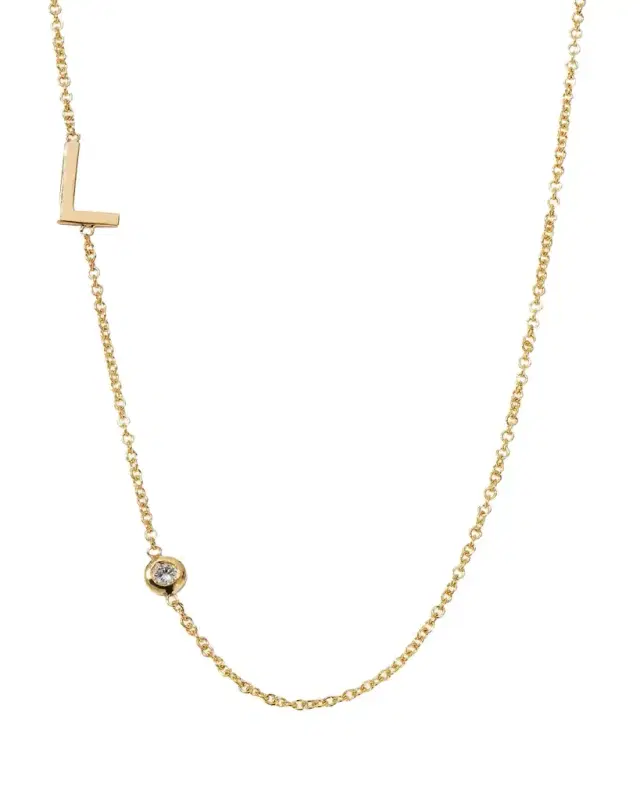 Zoe Lev Jewelry 14K Gold Asymmetrical Initial and Bezel Diamond Necklace, 16-18"