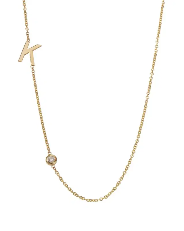14 Gold Asymmetrical Initial and Bezel Diamond Necklace, 16-18"L