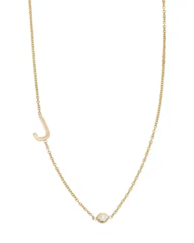 Zoe Lev Jewelry 14k Gold Asymmetrical Initial and Bezel Diamond Necklace | Thumbnail 1 Zoe Lev Jewelry 14k Gold Asymmetrical Initial and Bezel Diamond Necklace | Thumbnail 1