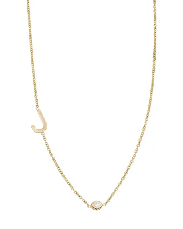 Zoe Lev Jewelry 14k Gold Asymmetrical Initial and Bezel Diamond Necklace